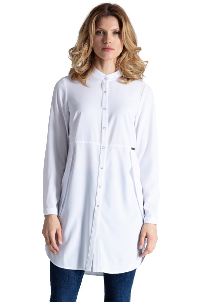 Sukienka Koszulowa Mini Rozpinana Z Dekoltem Na Stójce - biała